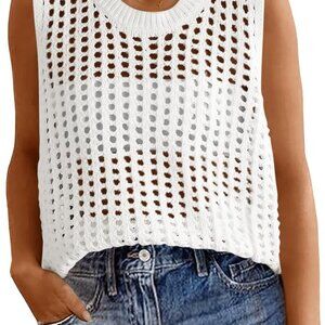 Womens Summer Crochet Tank Tops Sleeveless Scoop Neck Loose Knit Sweater Vest Bo